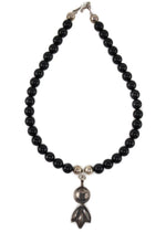 Miramontes - Necklace on Onyx Beads with a Large Silver "Anniversary" Blossom, 16" length