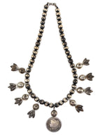 Miramontes - Old Style Necklace with Silver Beads, 25th Anniversary Silver Blossoms, and Barber Silver Dollar Pendant, 25" length
