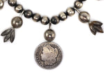Miramontes - Old Style Necklace with Silver Beads, 25th Anniversary Silver Blossoms, and Barber Silver Dollar Pendant, 25" length