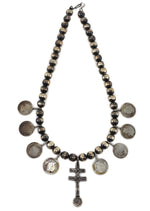Miramontes - Old Style Necklace with Silver Beads, Barber Silver Quarters, and Double Bar Cross Pendant, 23" length