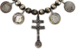 Miramontes - Old Style Necklace with Silver Beads, Barber Silver Quarters, and Double Bar Cross Pendant, 23" length
