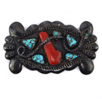 Juan Calavaza (1928-1970) - Zuni - Turquoise, Coral, and Silver Belt Buckle with Snake Design c. 1940-50s, 1.875" x 3.5"