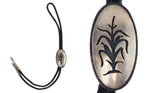 Hopi Crafts - Silver Overlay and Leather Bolo Tie with Corn Pictorial c. 1960s, 2.5" x 1.375" bolo