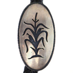 Hopi Crafts - Silver Overlay and Leather Bolo Tie with Corn Pictorial c. 1960s, 2.5" x 1.375" bolo