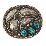 Navajo - Turquoise and Sterling Silver Belt Buckle with Floral Design c. 1960s, 2.5" x 3"