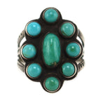 Navajo - Turquoise Cluster and Silver Ring with Stamped Arrow Design c. 1930-40s, size 7.5