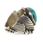G. Yazzie - Navajo - Turquoise and Silver Ring with Floral Design c. 1960s, size 10.5