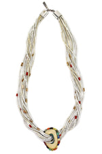 Judy Rosetta - Santo Domingo (Kewa) - 10-Strand Clamshell Heishi, Mother of Pearl/Coral Beaded Necklace and Carved Antler Pendant with Multi-Stone Inlay c. 1984, 29" length