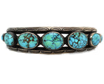 Navajo - Number 8 Turquoise and Silver Row Bracelet with Stamped Design c. 1950s, size 6.25