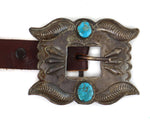 Navajo - Turquoise, Silver, and Leather Concho Belt c. 1930-40s, 38" - 44" size waist