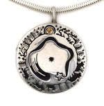 Vidal Aragon (1923-2015) - Santo Domingo (Kewa) - 14K Gold and Sterling Silver Overlay Pendant with Wildlife Pictorial Scene and Silver Necklace c. 1950-60s, 2" x 1.5" pendant