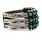 Zuni - Turquoise and Silver Snake Eye 3-Row Bracelet with Stamped Design c. 1930-40s, size 6