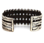 Zuni - Turquoise and Silver Snake Eye 3-Row Bracelet with Stamped Design c. 1930-40s, size 6