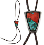 Attributed to Jimmy Herald - Navajo - Turquoise Mosaic Inlay, Coral, Silver, and Leather Bolo Tie c. 1940-50s, 2" x 1.5" bolo