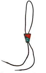 Attributed to Jimmy Herald - Navajo - Turquoise Mosaic Inlay, Coral, Silver, and Leather Bolo Tie c. 1940-50s, 2" x 1.5" bolo