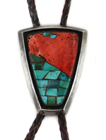 Attributed to Jimmy Herald - Navajo - Turquoise Mosaic Inlay, Coral, Silver, and Leather Bolo Tie c. 1940-50s, 2" x 1.5" bolo
