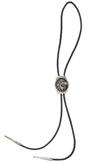 Petra Lamson - Hopi - Sterling Silver Overlay and Leather Bolo Tie with Kokopelli Pictorial c. 1960s, 2.125" x 1.5" bolo