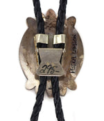 Petra Lamson - Hopi - Sterling Silver Overlay and Leather Bolo Tie with Kokopelli Pictorial c. 1960s, 2.125" x 1.5" bolo