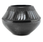 Maria Martinez (1887-1980) and Santana Martinez (1909-2002) - San Ildefonso Black on Black Jar with Feather Design c. 1940-50s, 4" x 5.5"