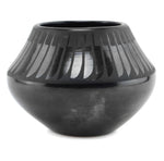 Maria Martinez (1887-1980) and Santana Martinez (1909-2002) - San Ildefonso Black on Black Jar with Feather Design c. 1940-50s, 4" x 5.5"