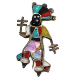 Zuni - Multi-Stone Channel Inlay and Silver Ghan Dancer Pin c. 1940-50s, 1.75" x 1"