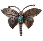 Navajo - Turquoise and Silver Butterfly Pin with Stamped Design c. 1940s, 1.5" x 2"