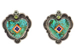 Aldrich Art Jewelry - Anglo - Contemporary Multi-Stone Inlay and Silver Heart Post Earrings with Stamped Design, 1.375" x 1.125"