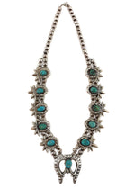 Navajo - Turquoise and Silver Sandcast Squash Blossom Necklace c. 1950-60s, 28" length