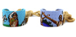 Marcus Amerman - Choctaw - Pair of Conjoined Contemporary Beaded Leather Native American Pictorial Bracelets with Wooden Chain