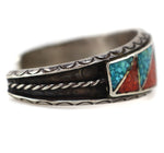 Navajo - Turquoise and Coral Chip Inlay and Silver Bracelet c. 1970s, size 6.5