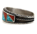 Navajo - Turquoise and Coral Chip Inlay and Silver Bracelet c. 1970s, size 6.5