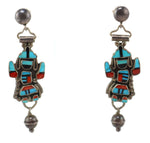 Zuni - Multi-Stone Inlay and Silver Rainbow God Dangle Post Earrings c. 1960-70s, 2" x 0.625"