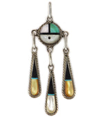 Zuni - Multi-Stone Inlay and Silver Sunface Kachina Pendant with Dangle Design c. 1970s, 2.875" x 2"