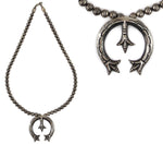 Navajo - Silver Beaded Necklace with Sandcast Naja Pendant  c. 1940s, 18" length