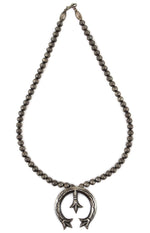 Navajo - Silver Beaded Necklace with Sandcast Naja Pendant  c. 1940s, 18" length