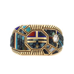 Raymond Yazzie (b. 1959) - Navajo - Lander Turquoise and Multi-Stone Inlay, Diamond, and 14K Gold Ring with Sunface Kachina Design c. 1980s, size 10.5