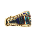 Raymond Yazzie (b. 1959) - Navajo - Lander Turquoise and Multi-Stone Inlay, Diamond, and 14K Gold Ring with Sunface Kachina Design c. 1980s, size 10.5