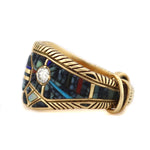 Raymond Yazzie (b. 1959) - Navajo - Lander Turquoise and Multi-Stone Inlay, Diamond, and 14K Gold Ring with Sunface Kachina Design c. 1980s, size 10.5