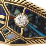 Raymond Yazzie (b. 1959) - Navajo - Lander Turquoise and Multi-Stone Inlay, Diamond, and 14K Gold Ring with Sunface Kachina Design c. 1980s, size 10.5