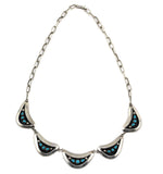 Frieda (Hopi) & Sylvester (Zuni) Santiago - Zuni Turquoise and Silver Shadowbox Necklace c. 1950s, 16.25" length