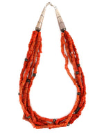 Navajo - 5-Strand Coral and Silver Beaded Necklace c. 1950-60s, 24" length