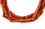 Navajo - 5-Strand Coral and Silver Beaded Necklace c. 1950-60s, 24" length