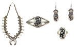 Tommy Singer (1940-2014) - Navajo - Silver Overlay Squash Blossom-Style Necklace, Bracelet, Earrings, and Ring Set with Kokopelli Design c. 1980-90s