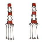 Zuni - Coral Channel Inlay and Silver Post Earrings with Dangle Design c. 1940-50s, 2.375" x 0.625"