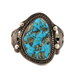 Navajo - Turquoise with Quartz Inclusions and Silver Bracelet with Feather Design c. 1950s, size 5.75