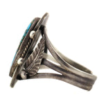 Navajo - Turquoise with Quartz Inclusions and Silver Bracelet with Feather Design c. 1950s, size 5.75