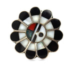 Zuni - Multi-Stone Channel Inlay and Silver Sunface Kachina Ring c. 1950s, size 6.25