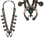 Navajo - Persian Turquoise and Silver Beaded Squash Blossom Necklace with Silver Mercury Dimes c. 1960s, 26" length