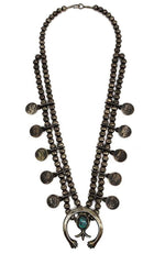Navajo - Persian Turquoise and Silver Beaded Squash Blossom Necklace with Silver Mercury Dimes c. 1960s, 26" length