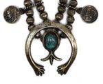 Navajo - Persian Turquoise and Silver Beaded Squash Blossom Necklace with Silver Mercury Dimes c. 1960s, 26" length